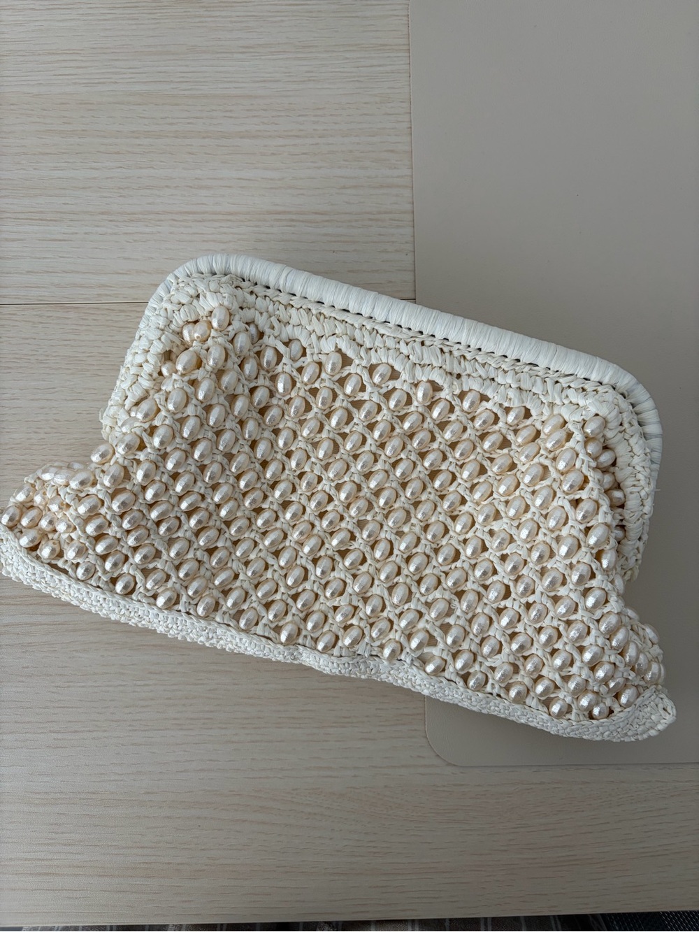 BTB Los Angeles Perola Pearly Beaded Raffia Woven Clutch